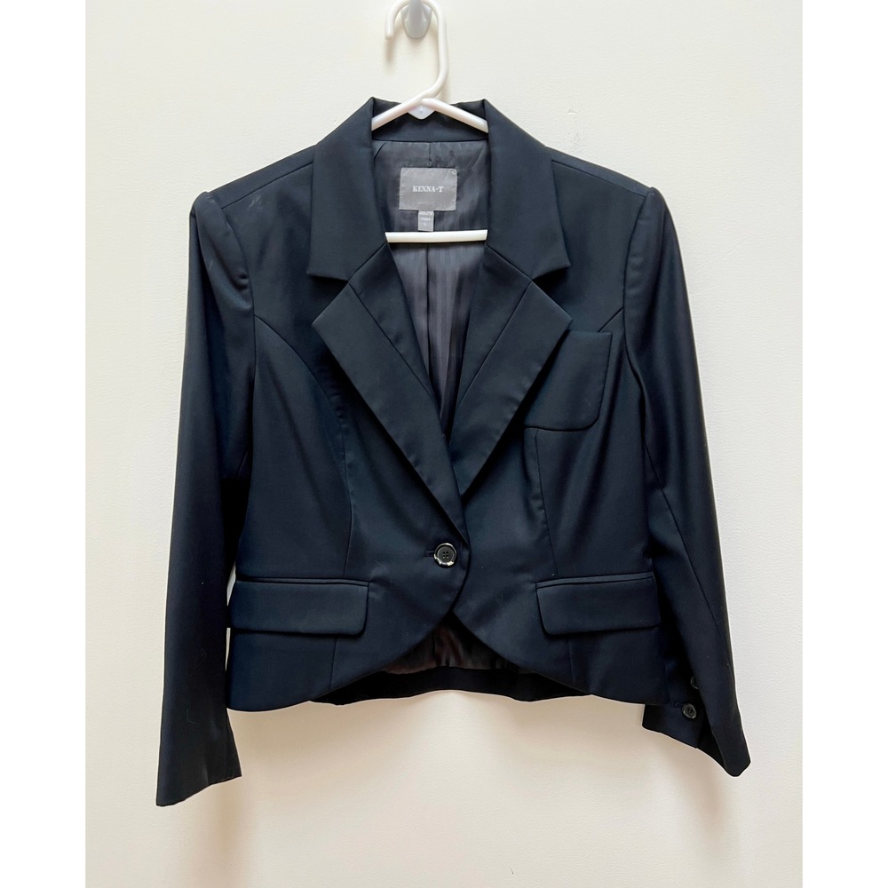 Kenna-T Blazer Women Large Black Wool Blend Single Button Cropped Professional